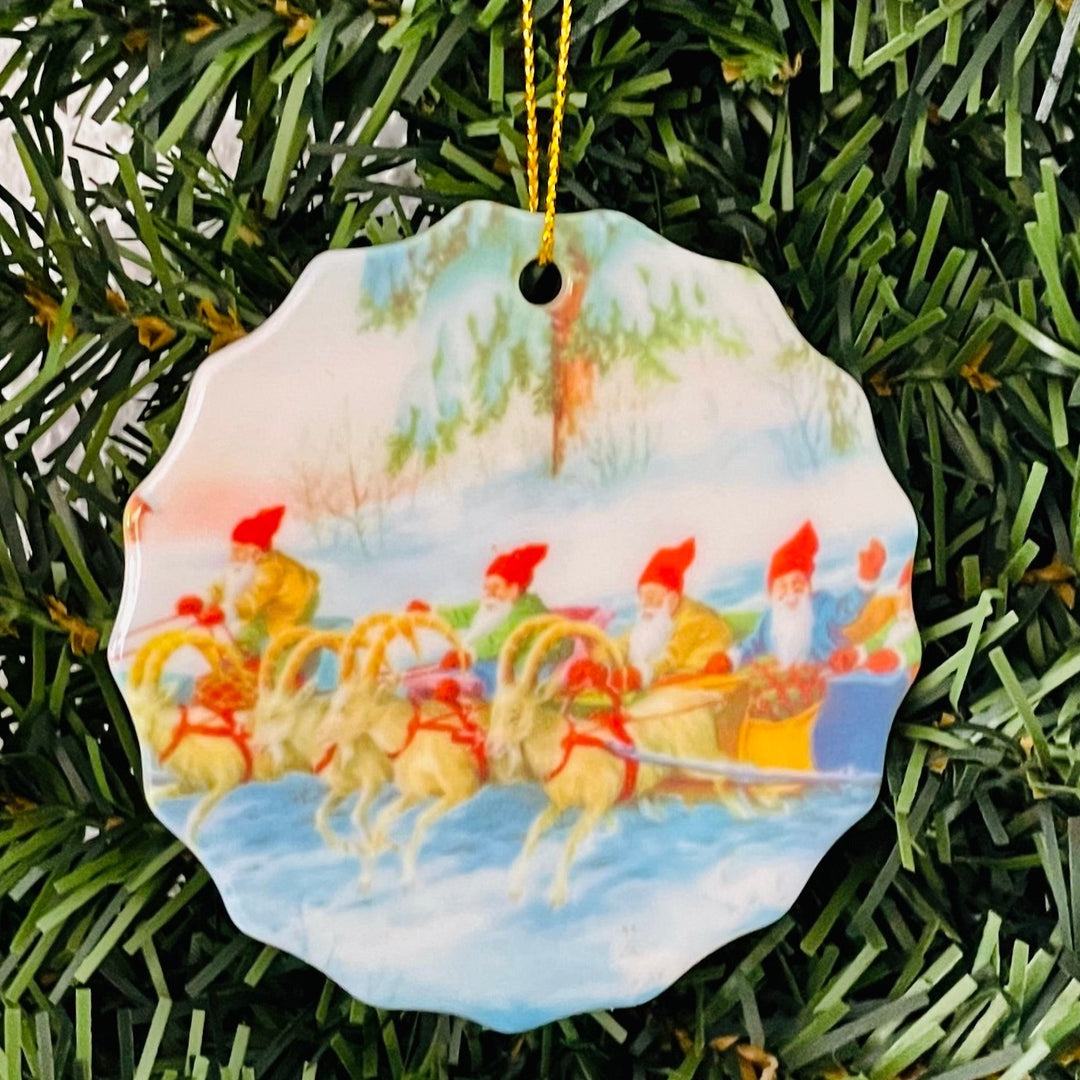 SALE Ceramic Ornament, Tomtar in sleigh