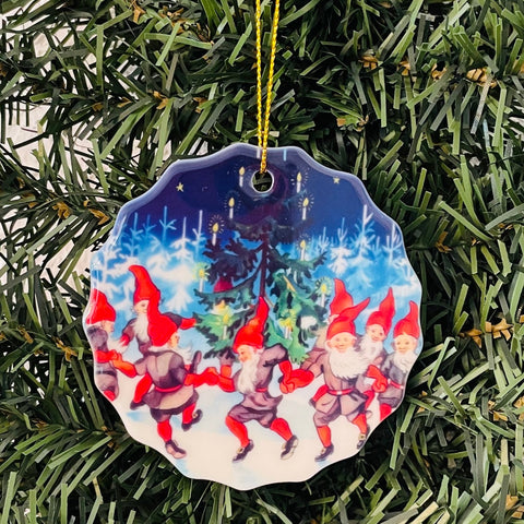 SALE Ceramic Ornament, Gnomes Tomtar dancing around Christmas tree