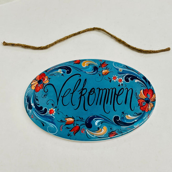 Oval Ceramic Velkommen Sign - Lise Lorentzen Rosemaling