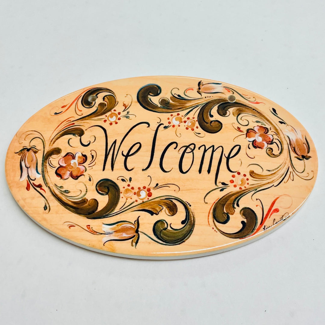 Oval Ceramic Welcome Sign - Lise Lorentzen Rosemaling