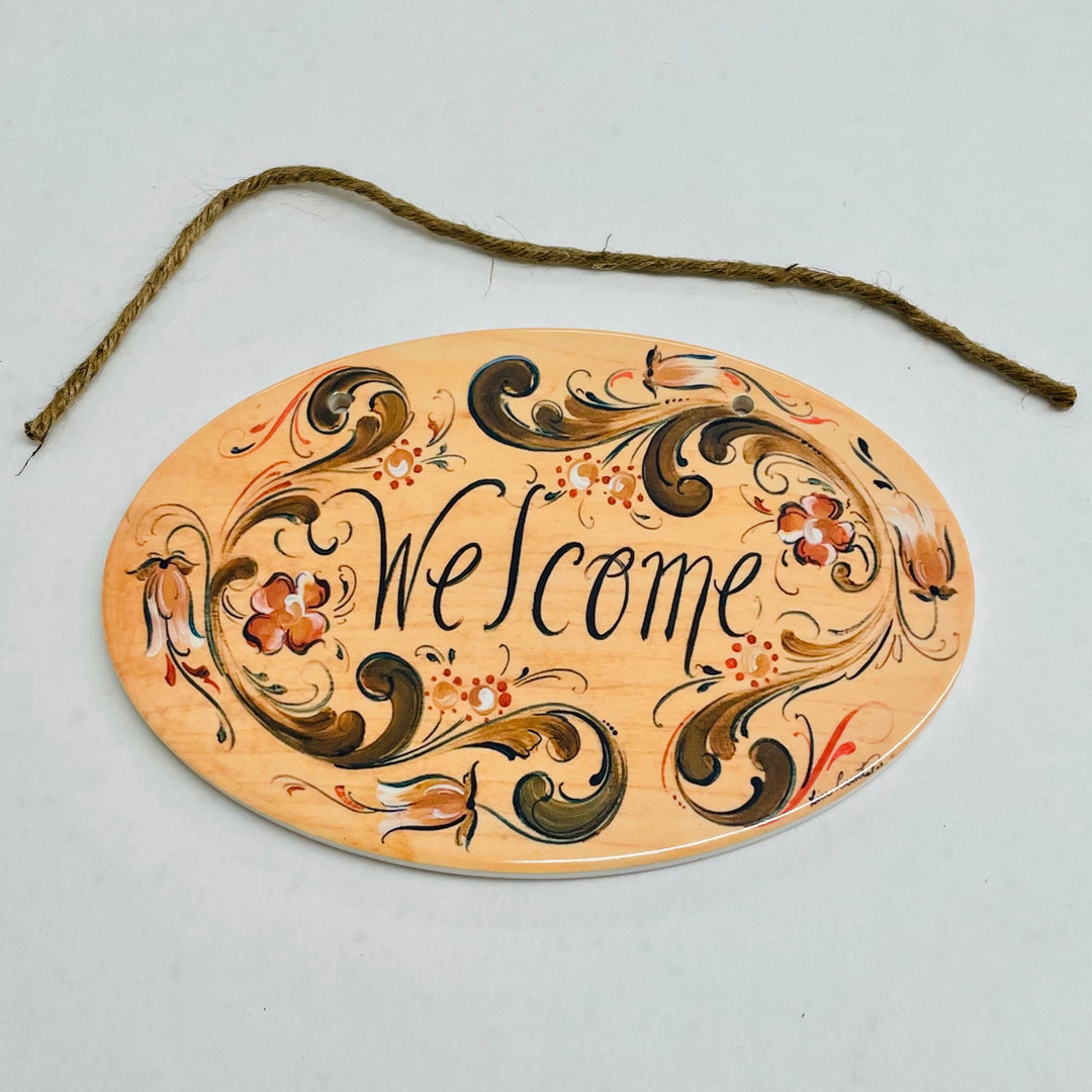 Oval Ceramic Welcome Sign - Lise Lorentzen Rosemaling