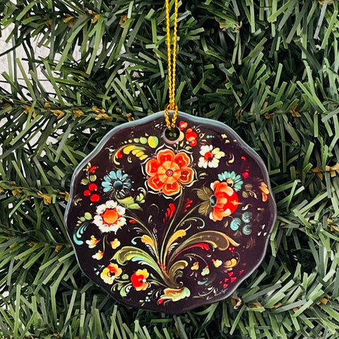 Ceramic ornament, Lise Lorentzen black floral rosemaling