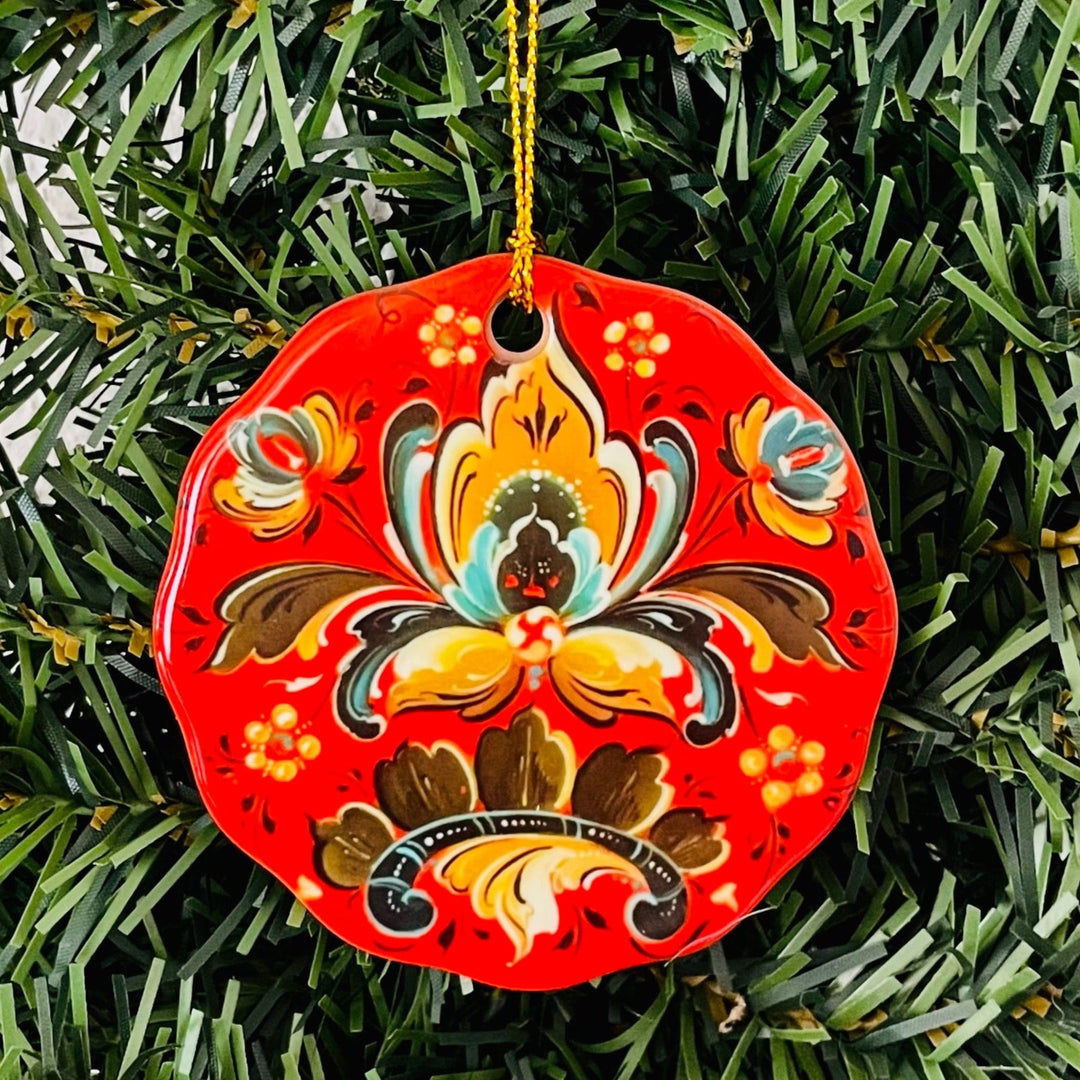 Ceramic ornament, Lise Lorentzen red rosemaling