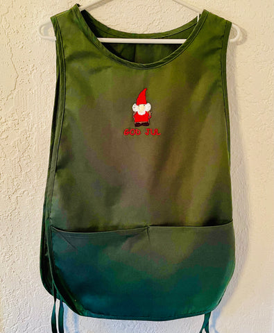 Smock style Apron - Embroidered God Jul gnome on green