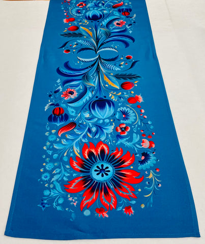 Teal Blue Folk Art Flowers Table Runner