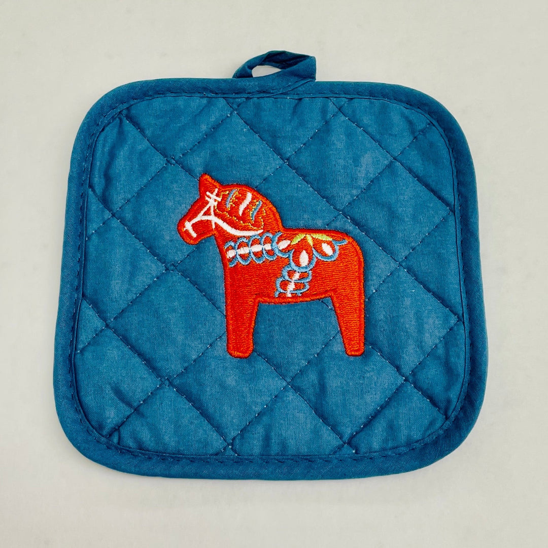 Pot holder - Swedish Dala horse on denim blue