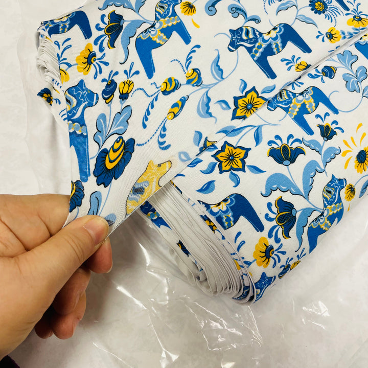 Swedish Stretch Fabric - White w/ Yellow & Blue Mini Dala horses & kurbits