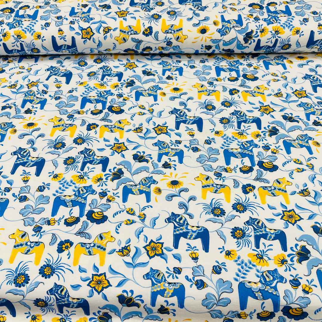 Swedish Stretch Fabric - White w/ Yellow & Blue Mini Dala horses & kurbits