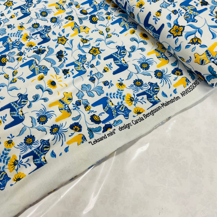 Swedish Stretch Fabric - White w/ Yellow & Blue Mini Dala horses & kurbits