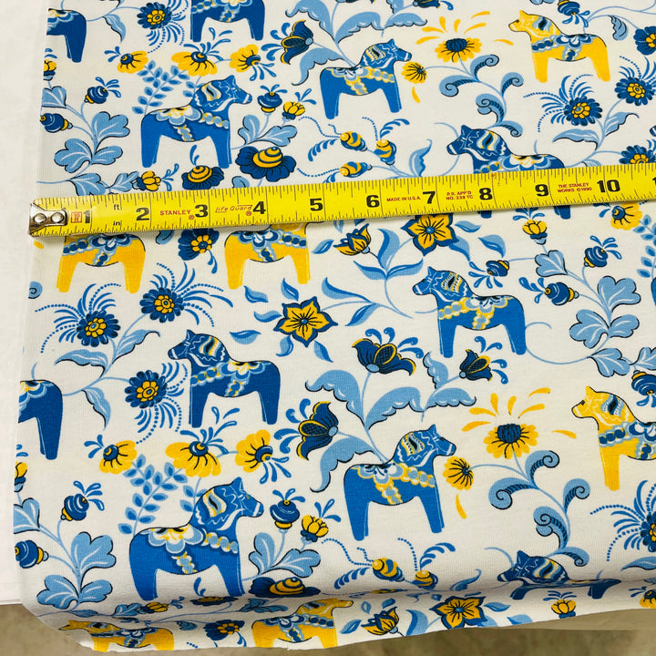 Swedish Stretch Fabric - White w/ Yellow & Blue Mini Dala horses & kurbits