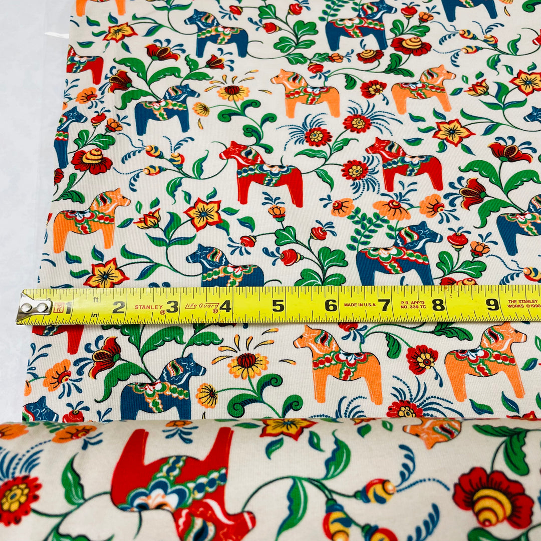 Swedish Stretch Fabric - Ecru w/ Multi Color Mini Dala horses & kurbits