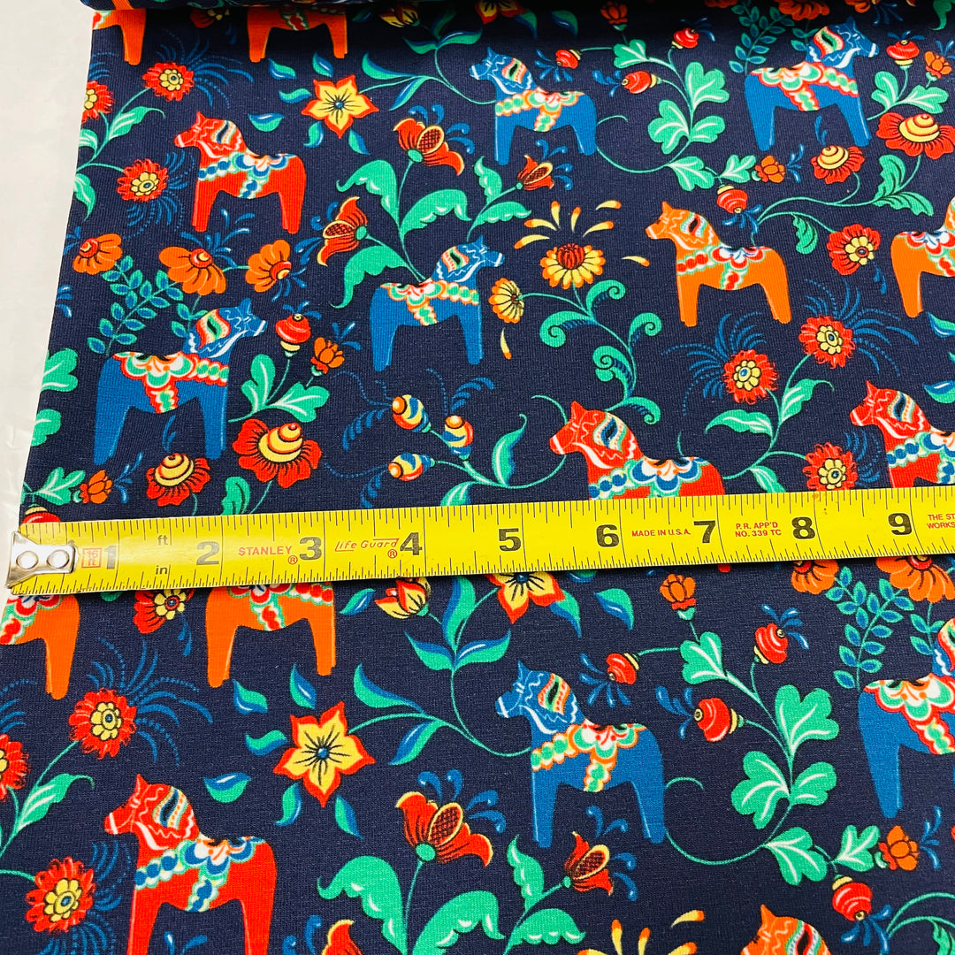 Swedish Stretch Fabric - Navy Blue w/ Multi Color Mini Dala horses & kurbits