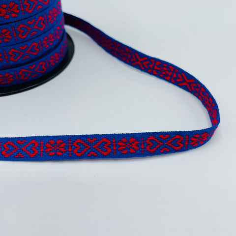 Fabric Ribbon Trim by the yard - Red Hearts on Blue