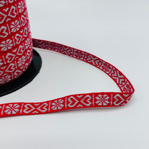Fabric Ribbon Trim by the yard - Grey Hearts on Red