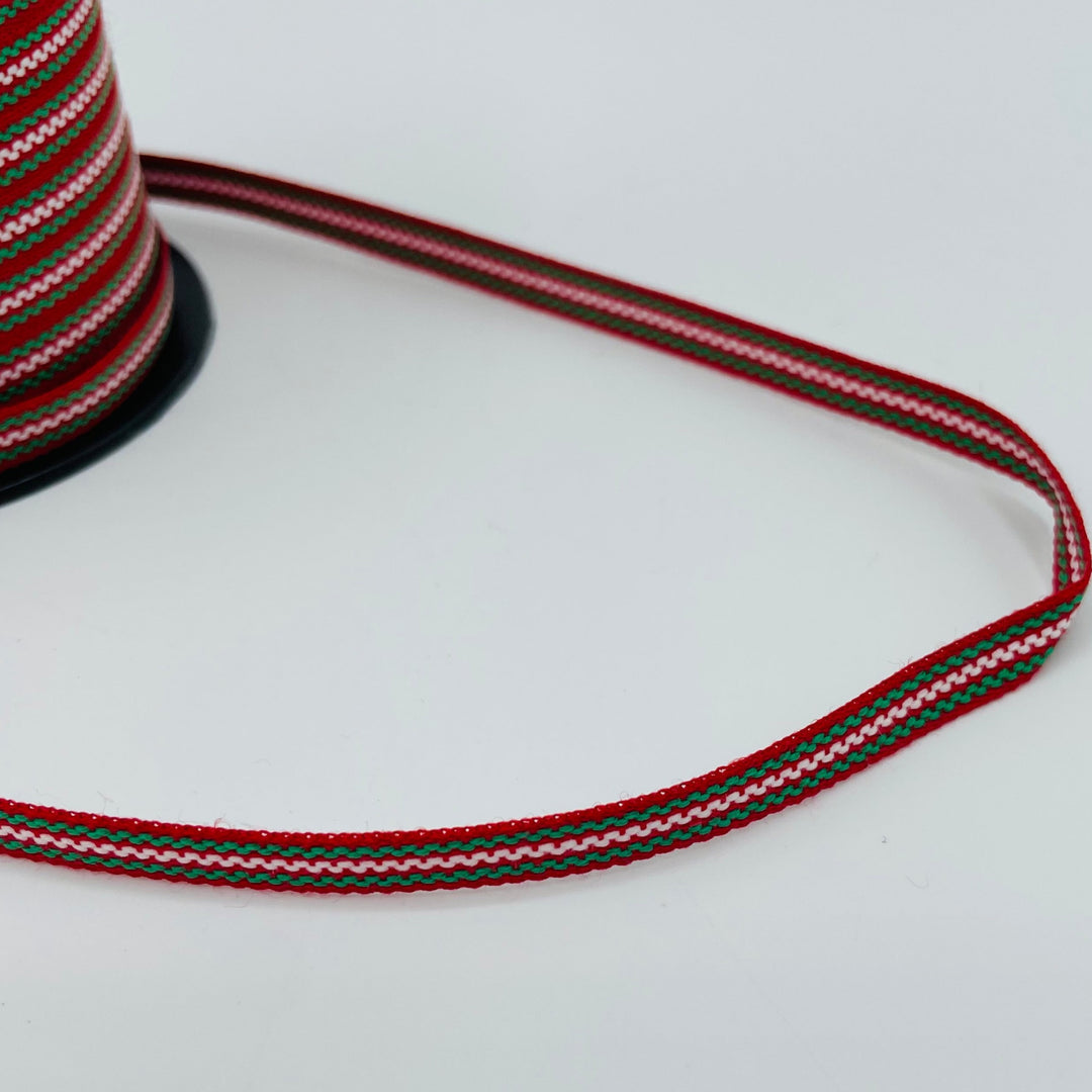 Fabric Ribbon Trim by the yard - Red White & Green stripe