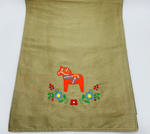 Dala Horse & Flowers Embroidered on 71" Greenish Gold  Runner