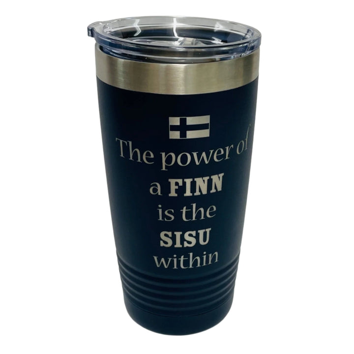 Power of a Finn is the Sisu within on Navy Blue 20 oz Stainless Steel hot/cold Cup