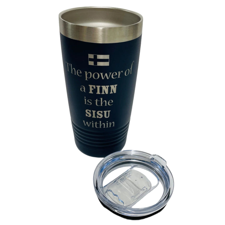 Power of a Finn is the Sisu within on Navy Blue 20 oz Stainless Steel hot/cold Cup