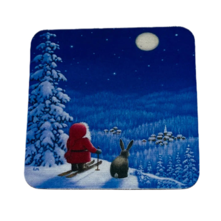Eva Melhuish Tomte skier with Grey Bunny Coasters Box of 6