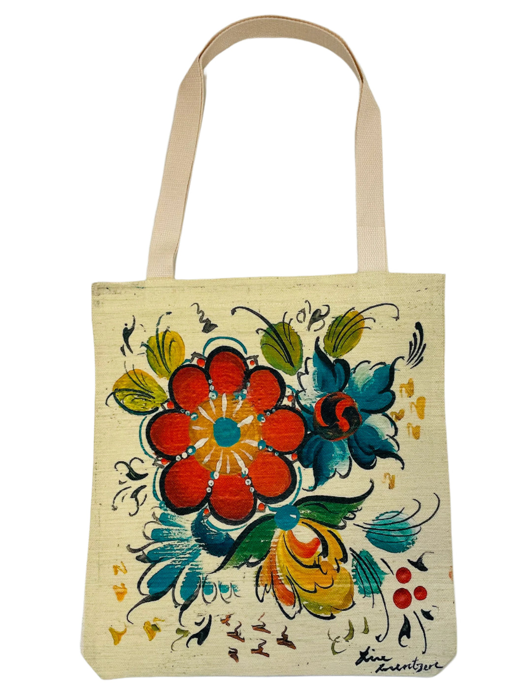 Linen look Tote bag Lise Lorentzen Rosemaling flowers