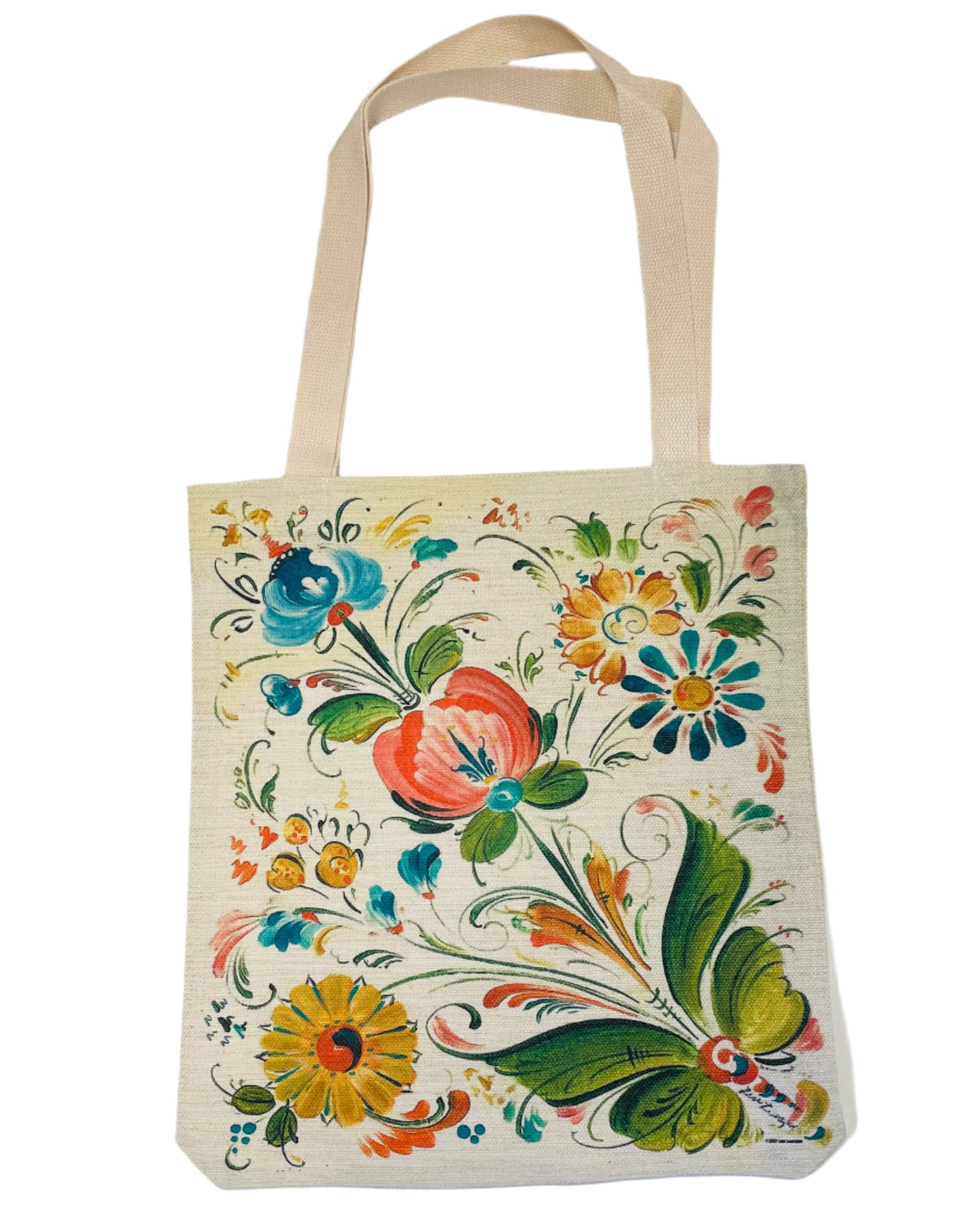 Linen look Tote bag Lise Lorentzen Rosemaling flowers