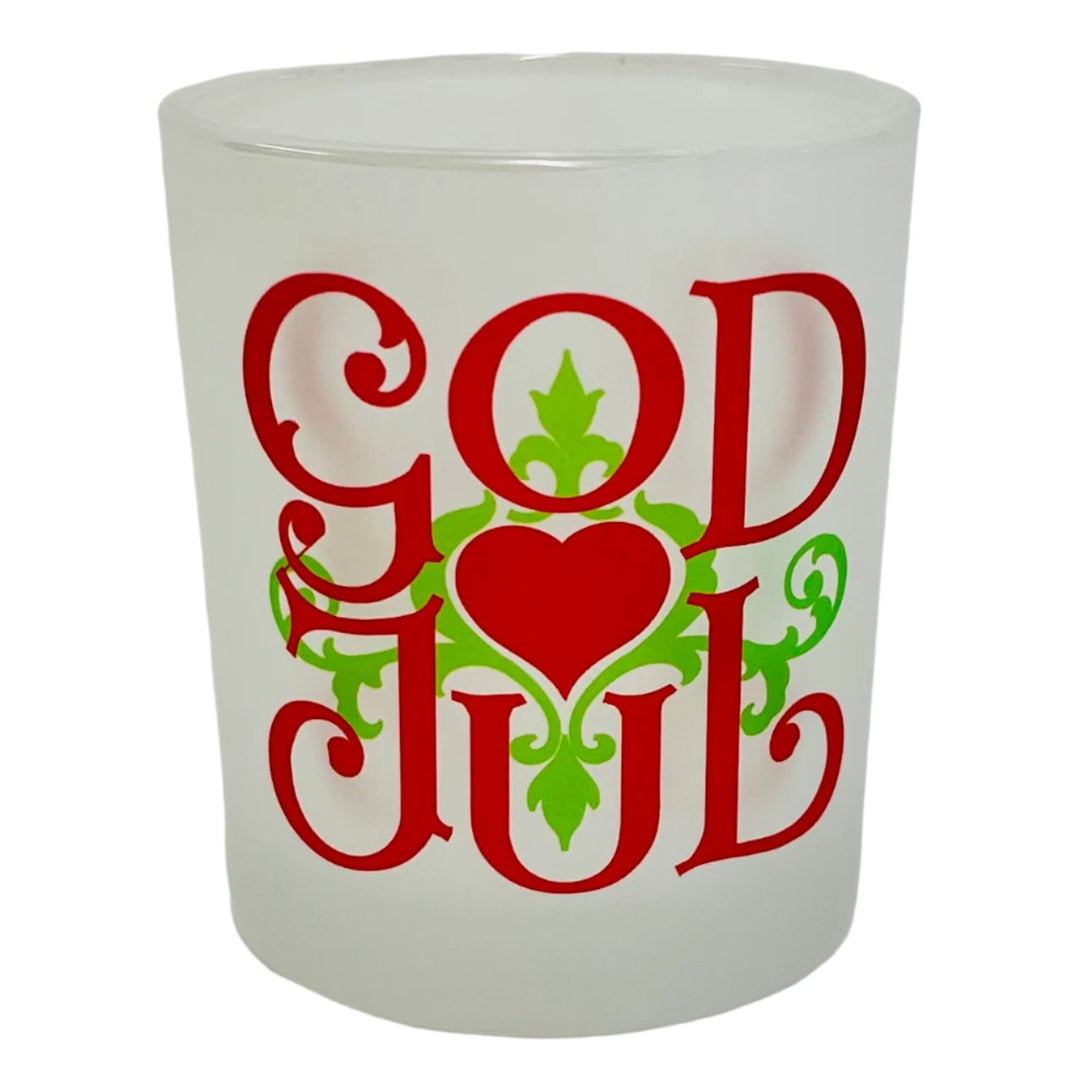 Frosted Glass Votive  - God Jul Scroll