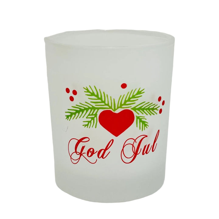 Frosted Glass Votive  - God Jul Hearts & Pines