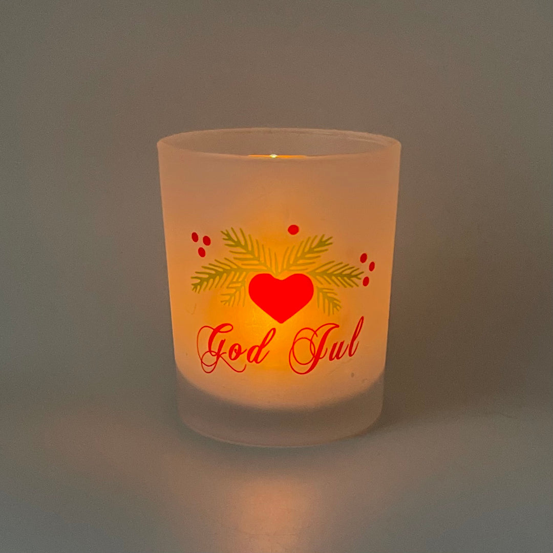 Frosted Glass Votive  - God Jul Hearts & Pines