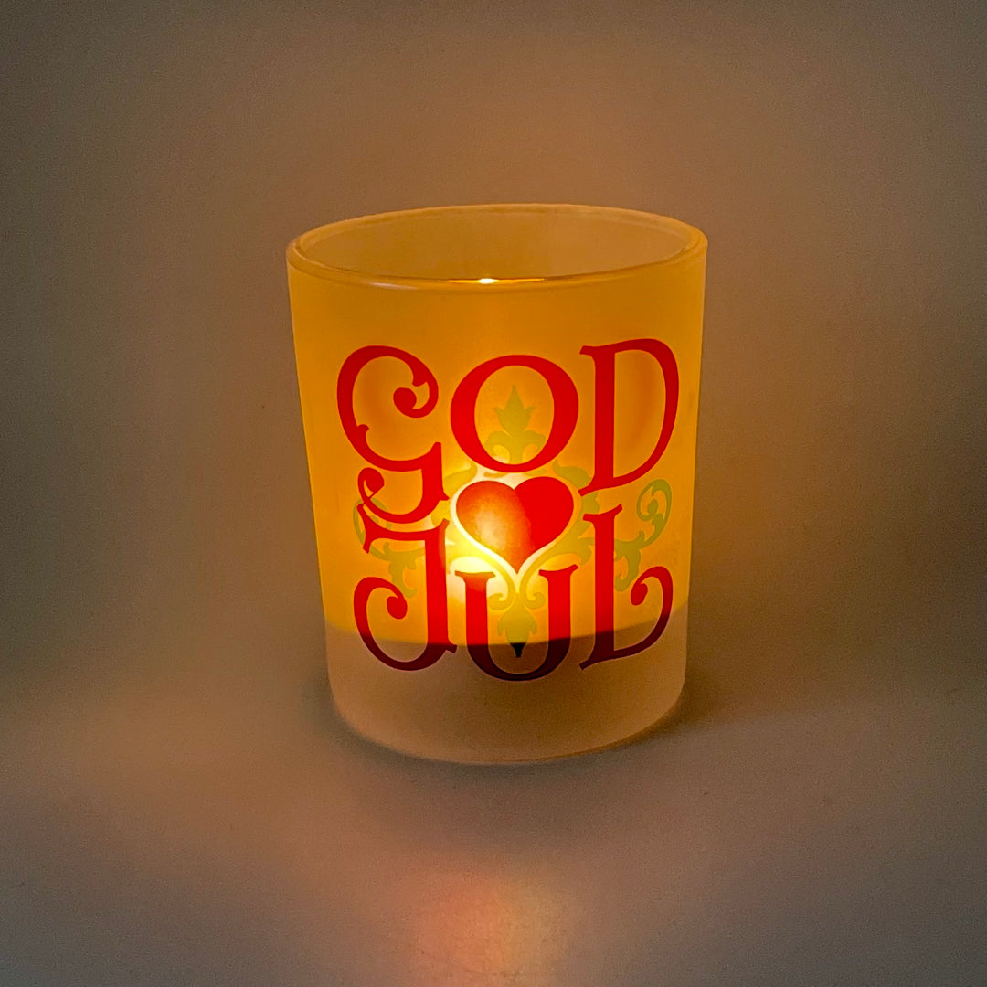 Frosted Glass Votive  - God Jul Scroll