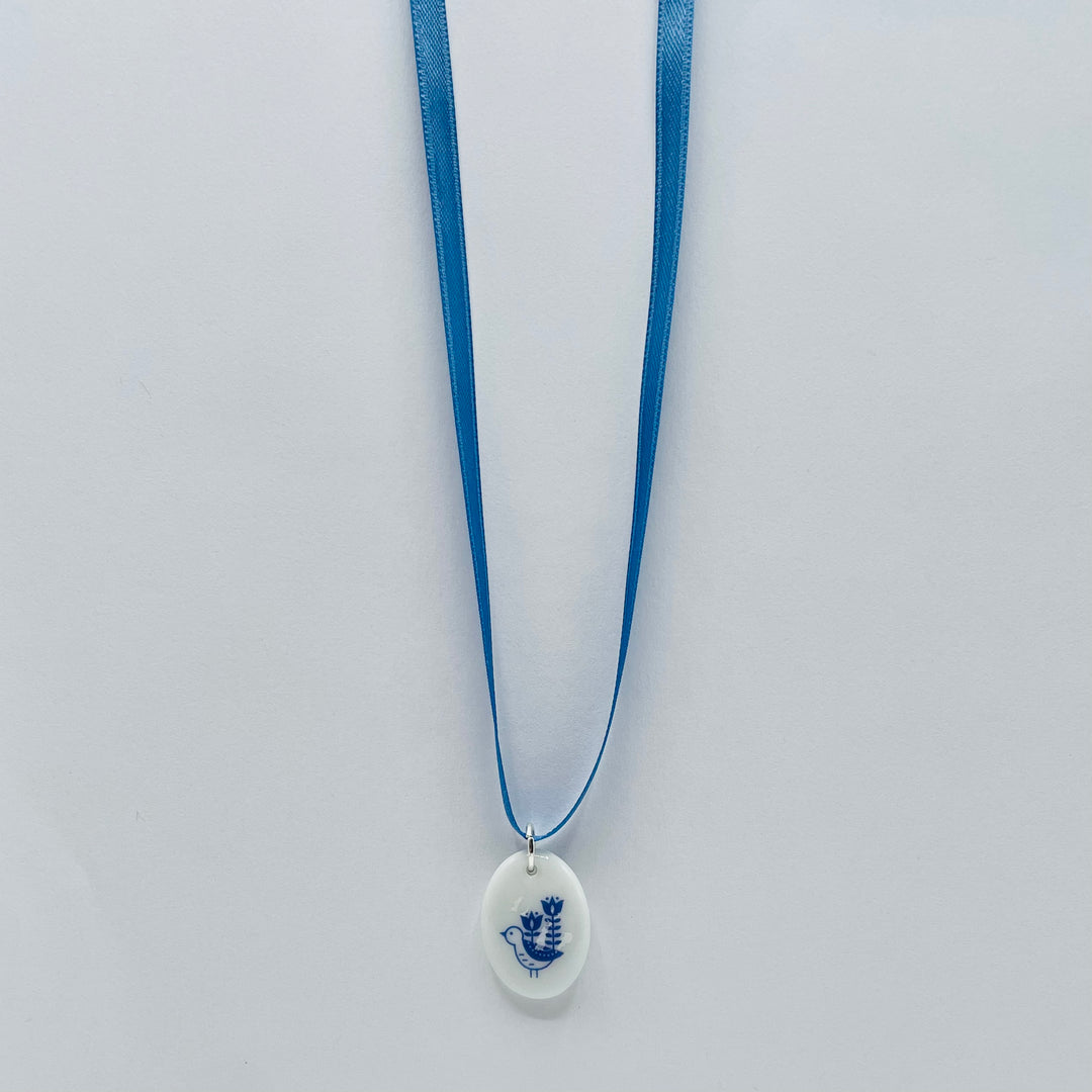 Blue Bird with Flower Pendant Necklace