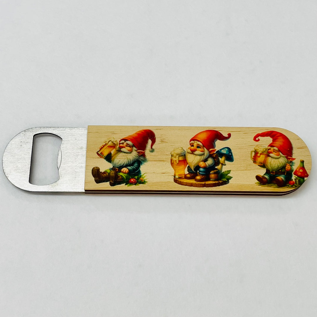 Wooden Handle Stainless Steel Bottle Opener - Gnomes with beer