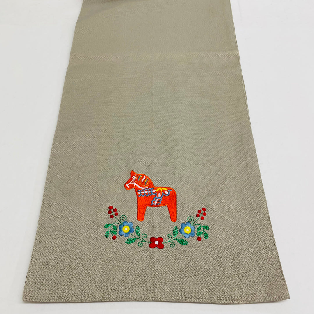 Dala Horse & Flowers Embroidered on 71" Grey/Taupe  Runner