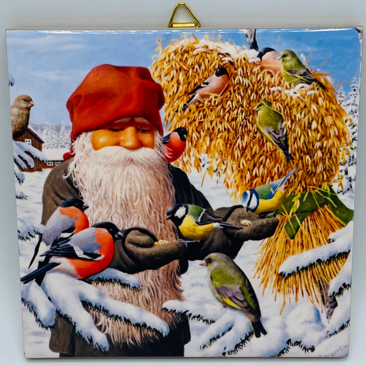 6" Ceramic Tile, Jan Bergerlind Tomte with birds