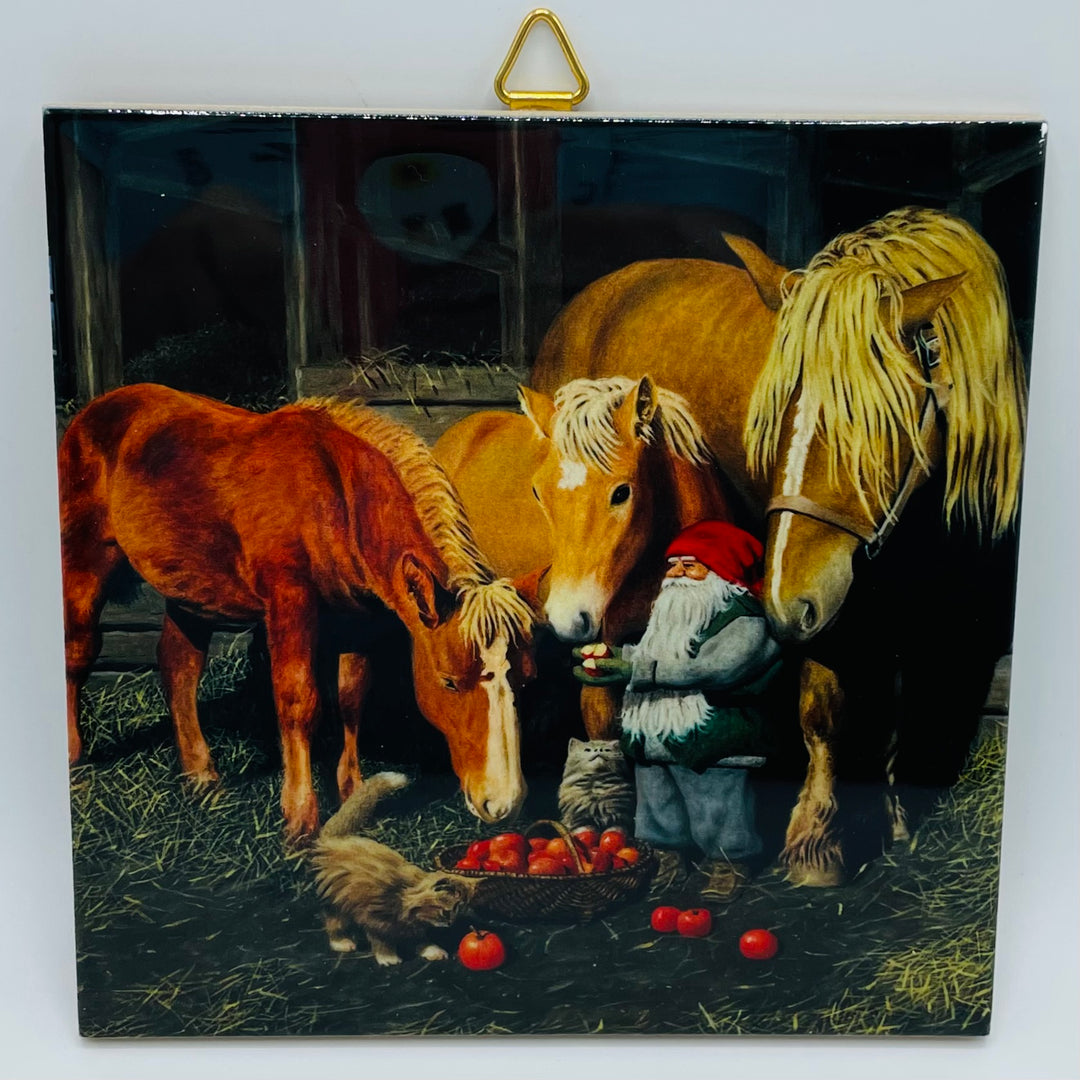 6" Ceramic Tile, Jan Bergerlind Tomte feeding horses