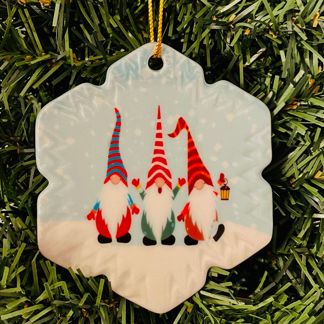 Ceramic Ornament, Snowflake Three Gnomes