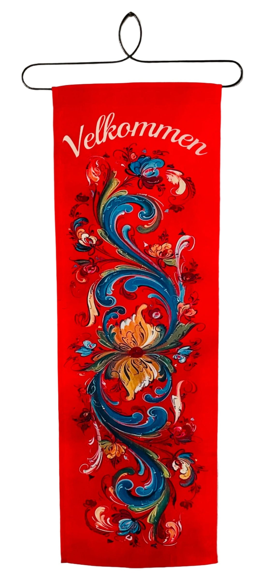 Lise Lorentzen Velkommen Rosemaling red fabric wall hanging