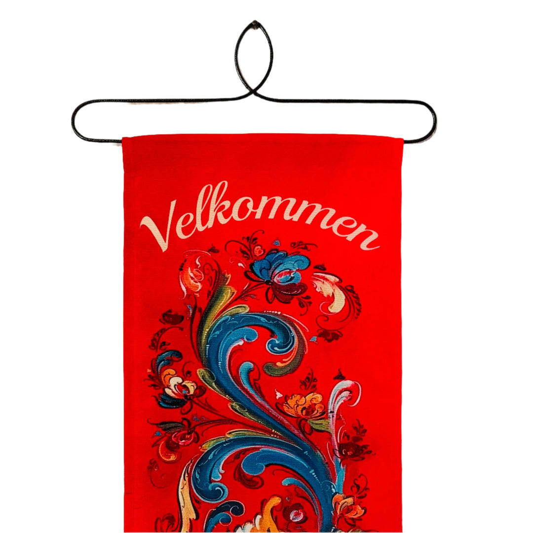 Lise Lorentzen Velkommen Rosemaling red fabric wall hanging