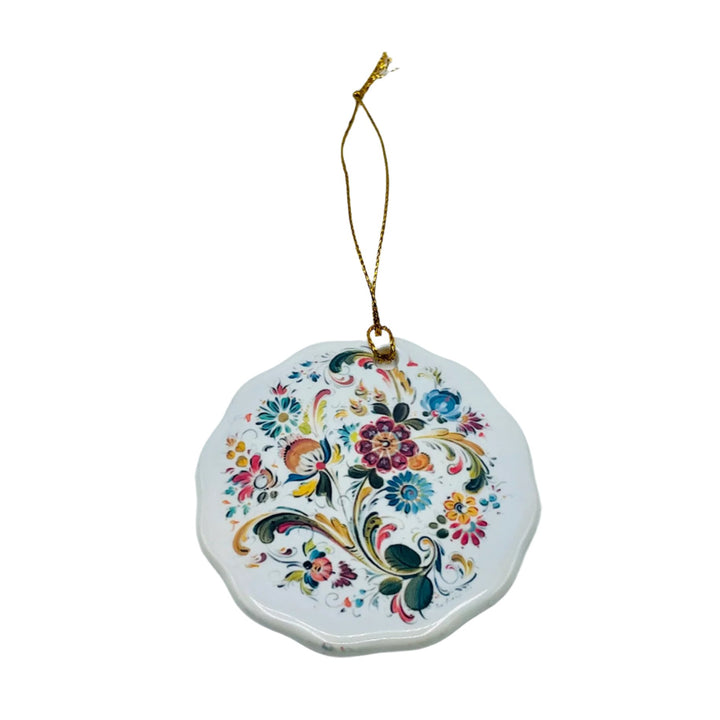 Ceramic ornament, Lise Lorentzen white rosemaling