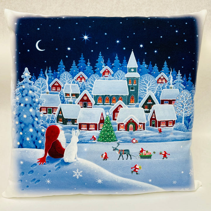 Pillow - Eva Melhuish Gnome Tomte watching the village