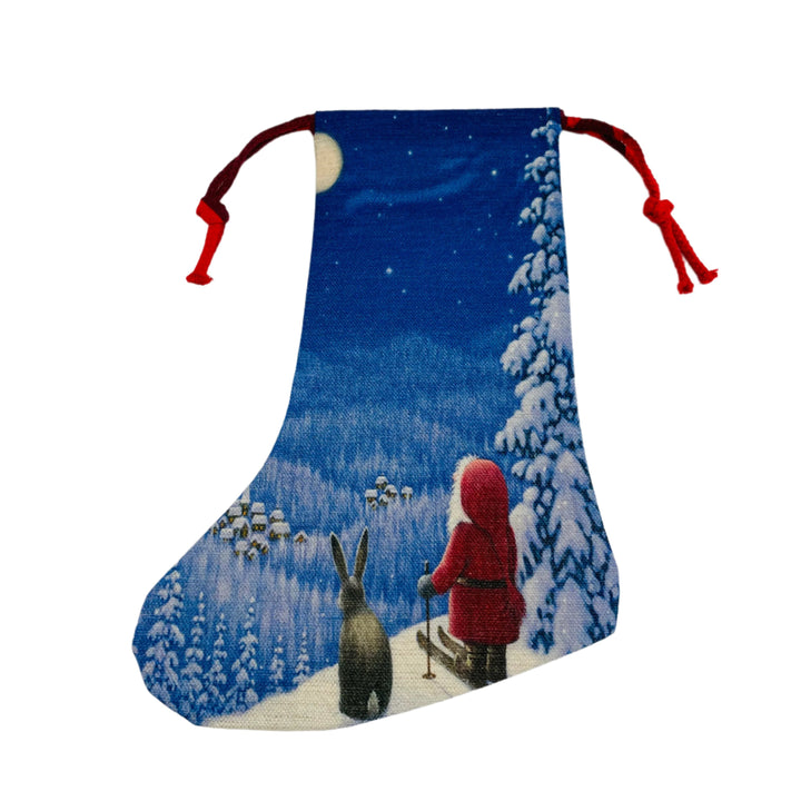 Eva Melhuish Gnome Tomte Skier with Rabbit Stocking