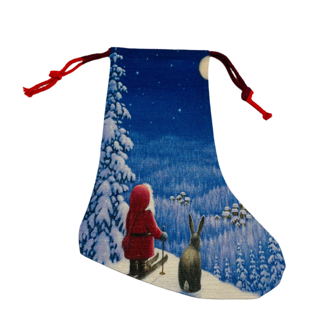 Eva Melhuish Gnome Tomte Skier with Rabbit Stocking