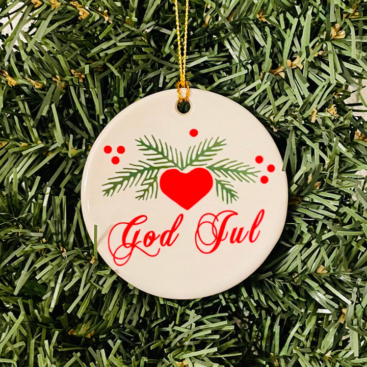 Ceramic Ornament, God Jul Hearts & Pines