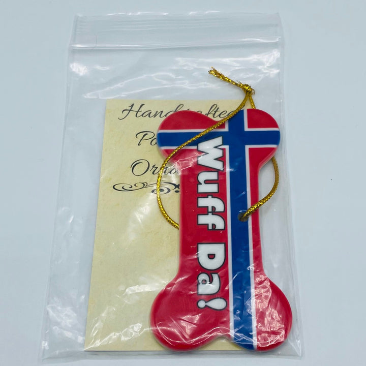 Ceramic Ornament, Dog Bone Wuff da with flag