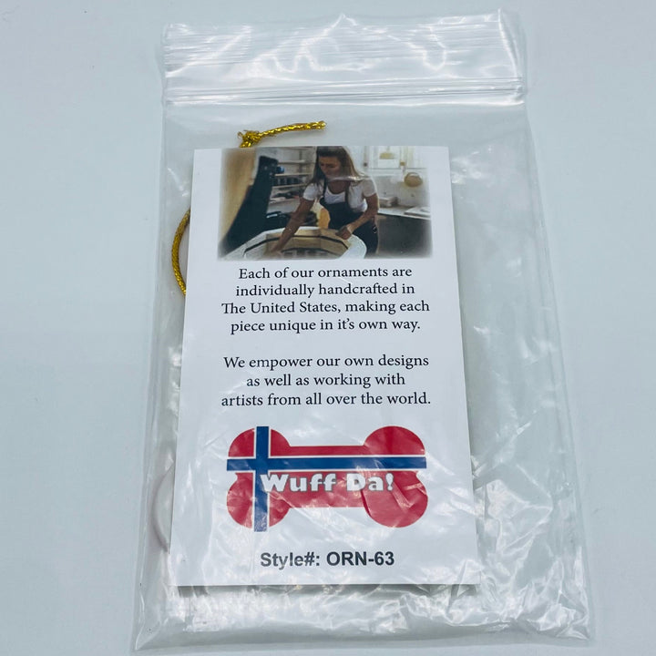Ceramic Ornament, Dog Bone Wuff da with flag