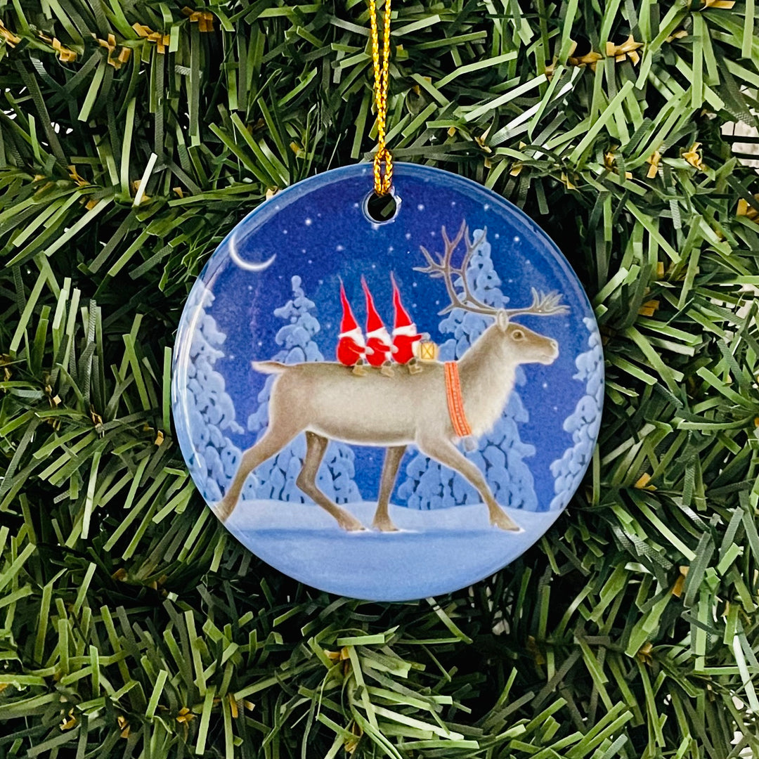 Ceramic Ornament, Eva Melhuish Riding reindeer