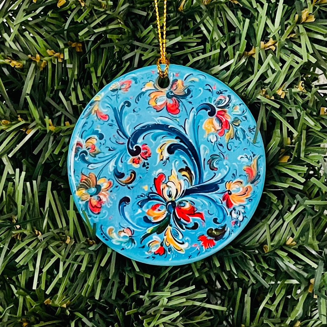 Ceramic ornament, Lise Lorentzen blue rosemaling