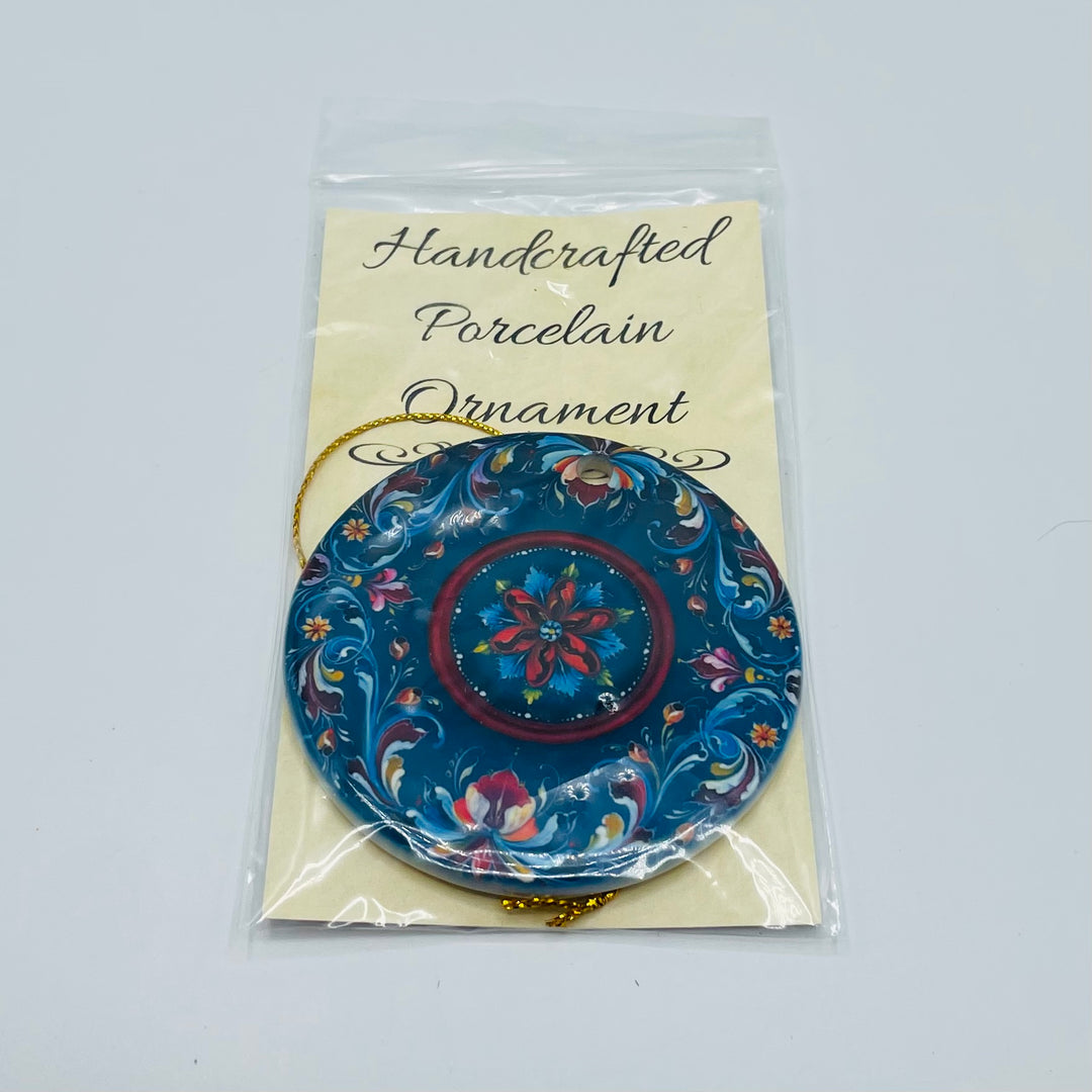 Ceramic ornament, Lise Lorentzen blue rosemaling