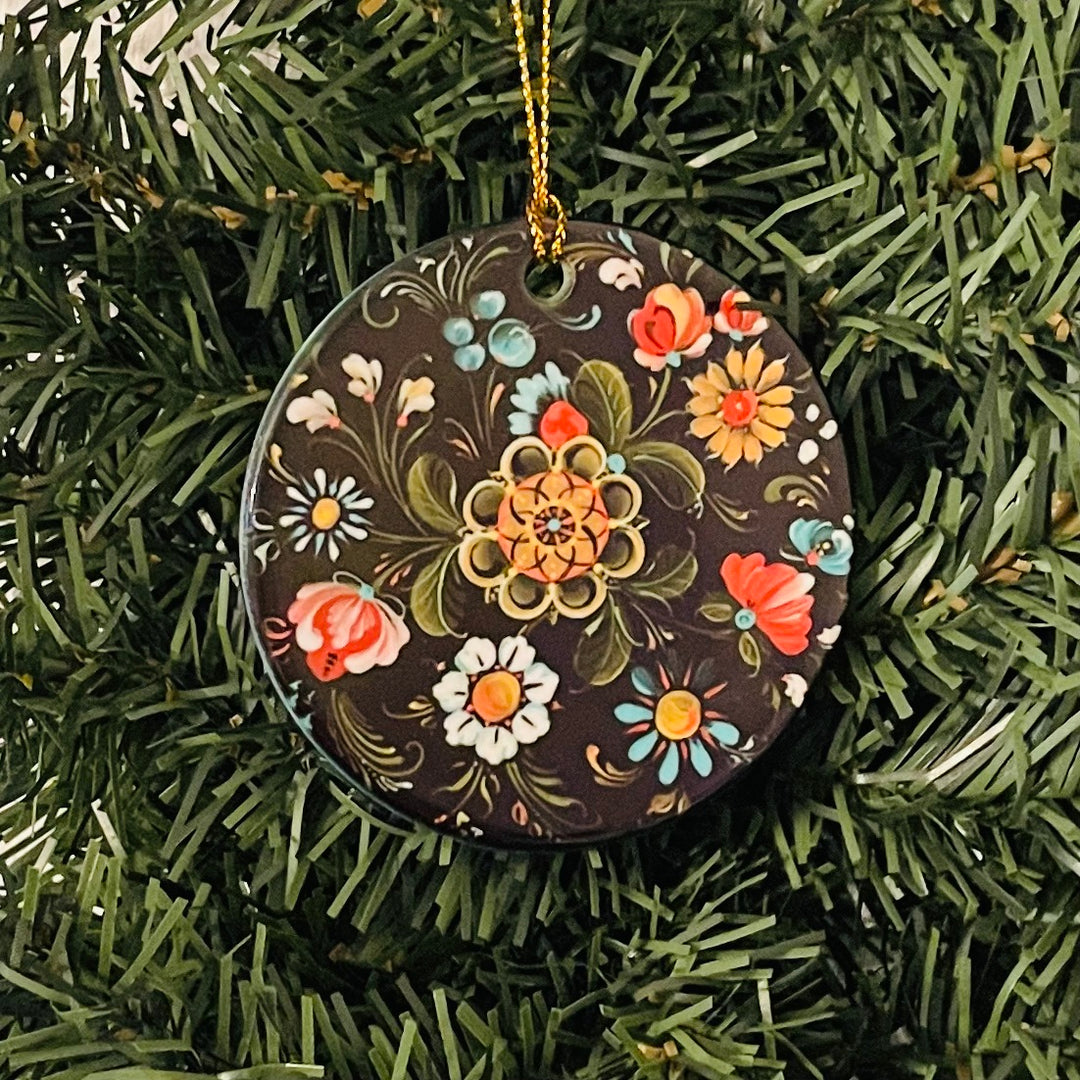 Ceramic ornament, Lise Lorentzen black floral rosemaling