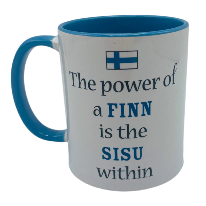 Power of a Finn is the Sisu within coffee mug with blue handle