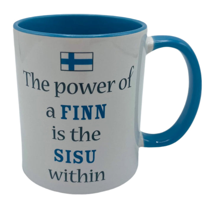 Power of a Finn is the Sisu within coffee mug with blue handle